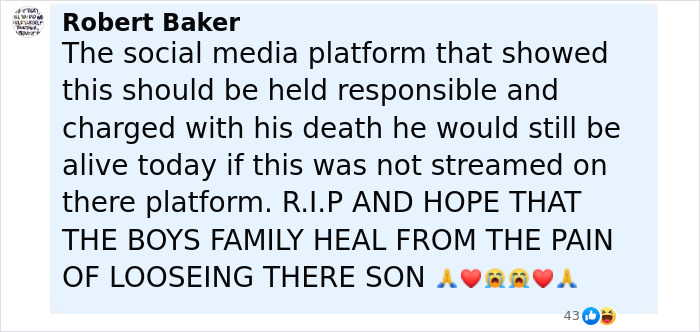 Comment by Robert Baker urging social media platform accountability after boy, 12, passes away in viral scarf challenge. Comment by Robert Baker urging social media platform accountability after boy, 12, passes away in viral scarf challenge.
