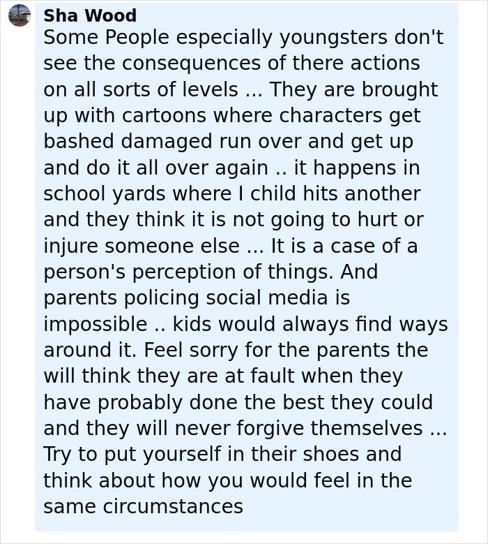 Comment from Sha Wood discussing the risks of viral challenges and the impact on parents and children involved. Comment from Sha Wood discussing the risks of viral challenges and the impact on parents and children involved.
