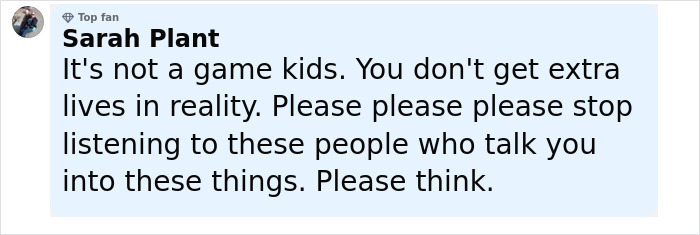 Comment by Sarah Plant warning kids about the dangers of viral challenges after boy, 12, passes away attempting scarf challenge. Comment by Sarah Plant warning kids about the dangers of viral challenges after boy, 12, passes away attempting scarf challenge.
