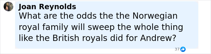 Comment on social media post questioning the Norwegian royal family’s handling of Crown Princess’s son facing charges.