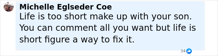 Comment from Michelle Eglseder Coe urging reconciliation with son, related to King Charles Father's Day message and Prince Harry call. Comment from Michelle Eglseder Coe urging reconciliation with son, related to King Charles Father's Day message and Prince Harry call.
