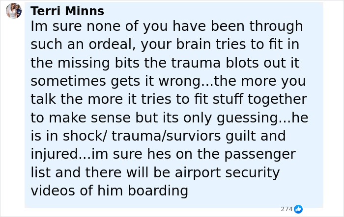 Comment by Terri Minns explaining trauma and survivor's guilt experienced by Air India survivor after tragic incident.