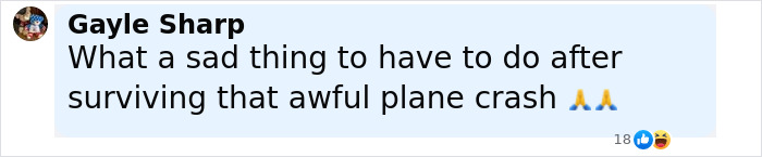 Comment from Gayle Sharp expressing sadness about actions taken after surviving the Air India crash. Comment from Gayle Sharp expressing sadness about actions taken after surviving the Air India crash.