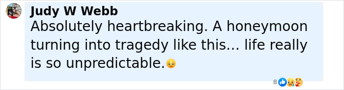 Comment expressing heartbreak over a newlywed’s honeymoon ending in tragedy after stepping into ankle-deep water. Comment expressing heartbreak over a newlywed’s honeymoon ending in tragedy after stepping into ankle-deep water.
