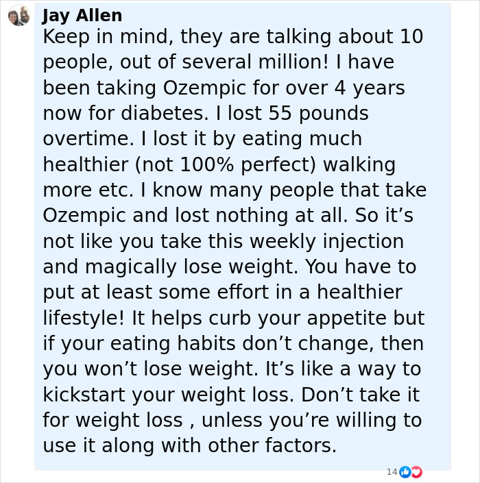 User comment discussing personal experience with Ozempic for diabetes and weight loss, mentioning the need for a healthier lifestyle alongside drug use. User comment discussing personal experience with Ozempic for diabetes and weight loss, mentioning the need for a healthier lifestyle alongside drug use.