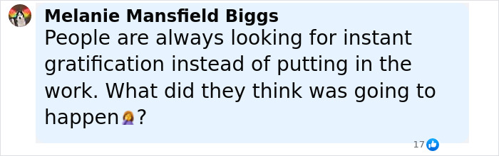 Facebook comment by Melanie Mansfield Biggs discussing instant gratification and effort in a text post about organ-destroying Ozempic and Mounjaro. Facebook comment by Melanie Mansfield Biggs discussing instant gratification and effort in a text post about organ-destroying Ozempic and Mounjaro.