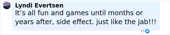 Comment from Lyndi Evertsen expressing concern about long-term side effects similar to a jab, related to organ-destroying Ozempic and Mounjaro. Comment from Lyndi Evertsen expressing concern about long-term side effects similar to a jab, related to organ-destroying Ozempic and Mounjaro.