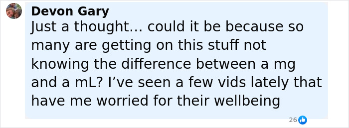 Comment by Devon Gary discussing concerns about users misunderstanding mg and mL measurements affecting wellbeing. Organ-destroying risks noted. Comment by Devon Gary discussing concerns about users misunderstanding mg and mL measurements affecting wellbeing. Organ-destroying risks noted.