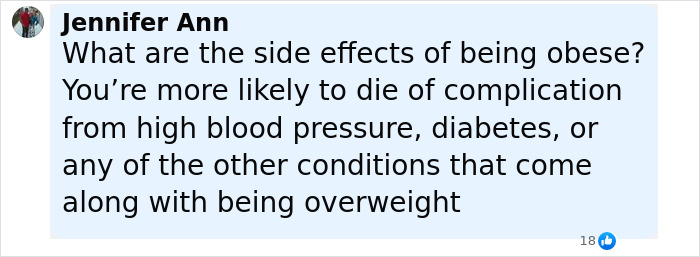 Comment discussing side effects of obesity including risks related to high blood pressure and diabetes from being overweight. Comment discussing side effects of obesity including risks related to high blood pressure and diabetes from being overweight.
