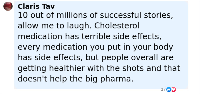 User comment on Ozempic and Mounjaro side effects, mentioning cholesterol medication and pharma industry concerns. User comment on Ozempic and Mounjaro side effects, mentioning cholesterol medication and pharma industry concerns.