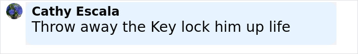 Comment by Cathy Escala calling to lock up alleged attacker for life in a visible social media post. Comment by Cathy Escala calling to lock up alleged attacker for life in a visible social media post.