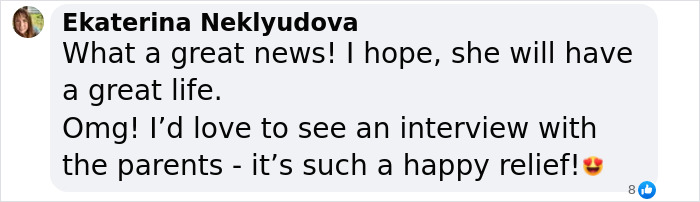 Facebook comment expressing joy and relief about a missing 15-year-old girl found alive after six weeks. Facebook comment expressing joy and relief about a missing 15-year-old girl found alive after six weeks.