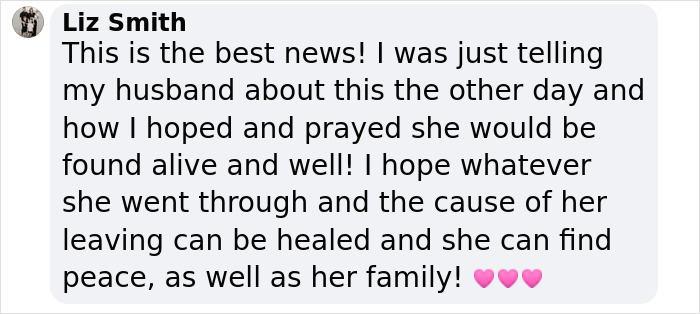 Comment from Liz Smith expressing joy about a missing 15-year-old girl found alive after six weeks. Comment from Liz Smith expressing joy about a missing 15-year-old girl found alive after six weeks.