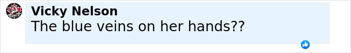 Comment text reading The blue veins on her hands with a like reaction icon on the right side. Comment text reading The blue veins on her hands with a like reaction icon on the right side.