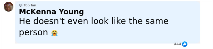 Comment from McKenna Young expressing disbelief with crying emoji on social media about a man's changed appearance. Comment from McKenna Young expressing disbelief with crying emoji on social media about a man's changed appearance.