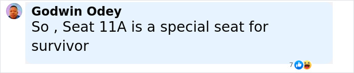 Screenshot of a social media comment by Godwin Odey mentioning seat 11A as a special seat for a plane crash survivor. Screenshot of a social media comment by Godwin Odey mentioning seat 11A as a special seat for a plane crash survivor.