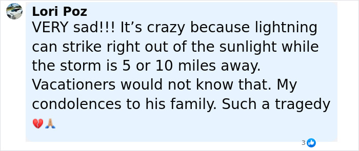 Comment expressing sadness about newlywed’s honeymoon tragedy due to lightning while stepping into ankle-deep water Comment expressing sadness about newlywed’s honeymoon tragedy due to lightning while stepping into ankle-deep water