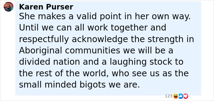 Comment by Karen Purser discussing the strength of Aboriginal communities amid national division and respect. Comment by Karen Purser discussing the strength of Aboriginal communities amid national division and respect.