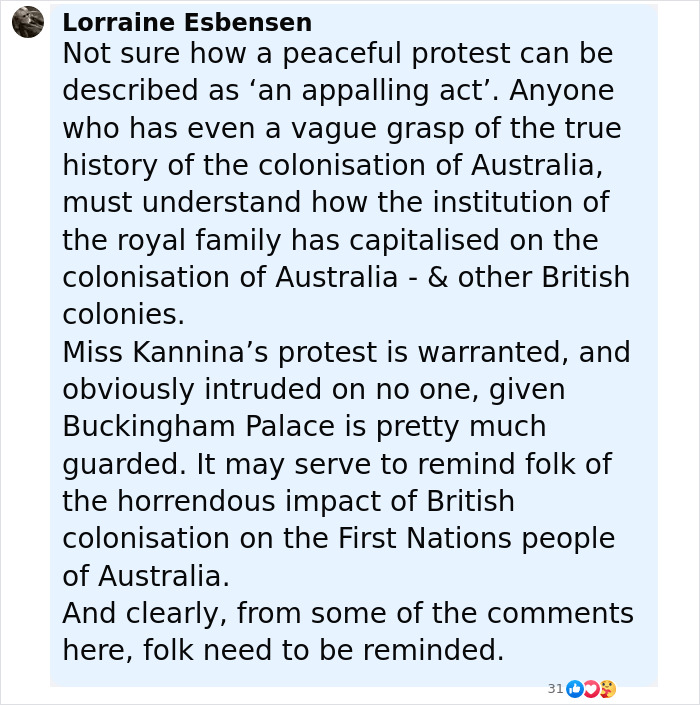 Comment by Lorraine Esbensen discussing Aboriginal protest at Buckingham Palace and the impact of British colonisation on First Nations people. Comment by Lorraine Esbensen discussing Aboriginal protest at Buckingham Palace and the impact of British colonisation on First Nations people.