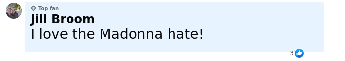Comment reading I love the Madonna hate posted by top fan Jill Broom about Madonna slammed by Hamilton star for disrespectful behavior during show Comment reading I love the Madonna hate posted by top fan Jill Broom about Madonna slammed by Hamilton star for disrespectful behavior during show