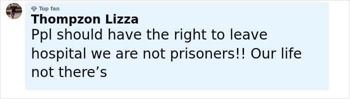 Comment by social media user Thommpzon Lizza expressing frustration about being trapped in hospital for years. Comment by social media user Thommpzon Lizza expressing frustration about being trapped in hospital for years.