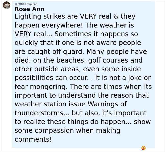 Comment warning about lightning strikes and weather dangers, emphasizing the sudden risk and need for awareness outdoors. Comment warning about lightning strikes and weather dangers, emphasizing the sudden risk and need for awareness outdoors.
