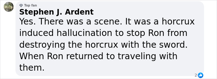 Facebook comment discussing a Harry Potter scene involving a horcrux-induced hallucination and Ron’s journey. Facebook comment discussing a Harry Potter scene involving a horcrux-induced hallucination and Ron’s journey.