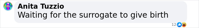 Comment on social media post reading Waiting for the surrogate to give birth related to Meghan Markle's twerking pregnancy video conspiracy theory. Comment on social media post reading Waiting for the surrogate to give birth related to Meghan Markle's twerking pregnancy video conspiracy theory.