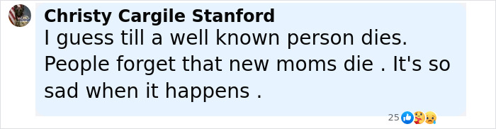 Comment by Christy Cargile Stanford reflecting on new moms dying, related to real housewives exec passing away during childbirth. Comment by Christy Cargile Stanford reflecting on new moms dying, related to real housewives exec passing away during childbirth.