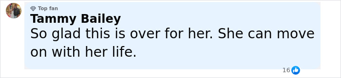 Comment by Tammy Bailey expressing relief after Karen Read acquittal in trial for slaying cop boyfriend sparking mass fury. Comment by Tammy Bailey expressing relief after Karen Read acquittal in trial for slaying cop boyfriend sparking mass fury.