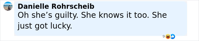 Facebook comment by Danielle Rohrscheib expressing belief in guilt despite acquittal in Karen Read slaying trial. Facebook comment by Danielle Rohrscheib expressing belief in guilt despite acquittal in Karen Read slaying trial.