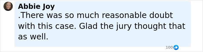 User comment on Karen Read acquittal case expressing relief about jury decision amid public outrage. User comment on Karen Read acquittal case expressing relief about jury decision amid public outrage.
