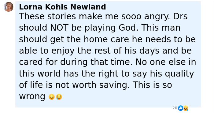 Comment expressing anger over hospital staff urging a man trapped for 9 years to end his own life. Comment expressing anger over hospital staff urging a man trapped for 9 years to end his own life.