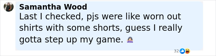 Comment from Samantha Wood on pajamas, mentioning worn-out shirts with shorts, relating to racy revealing looks at a pajama-themed afterparty. Comment from Samantha Wood on pajamas, mentioning worn-out shirts with shorts, relating to racy revealing looks at a pajama-themed afterparty.