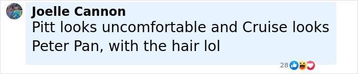 Comment about Tom Cruise and Brad Pitt reunion sparking botox rumors, mentioning bloated Elvis and hair appearance. Comment about Tom Cruise and Brad Pitt reunion sparking botox rumors, mentioning bloated Elvis and hair appearance.