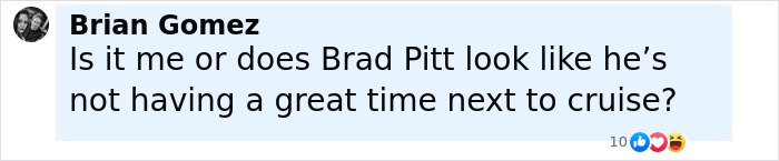 Comment by Brian Gomez questioning if Brad Pitt looks unhappy next to Tom Cruise, sparking botox rumors and F1 premiere buzz. Comment by Brian Gomez questioning if Brad Pitt looks unhappy next to Tom Cruise, sparking botox rumors and F1 premiere buzz.