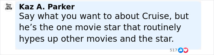 Comment by Kaz A. Parker discussing Tom Cruise hyping up other movies and stars, sparking Botox rumors after F1 premiere reunion. Comment by Kaz A. Parker discussing Tom Cruise hyping up other movies and stars, sparking Botox rumors after F1 premiere reunion.