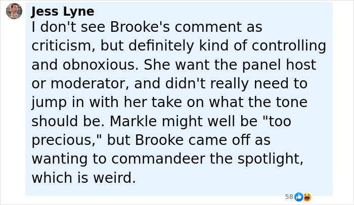 Screenshot of a social media comment discussing Brooke Shields and Meghan Markle with criticism and control mentioned. Screenshot of a social media comment discussing Brooke Shields and Meghan Markle with criticism and control mentioned.