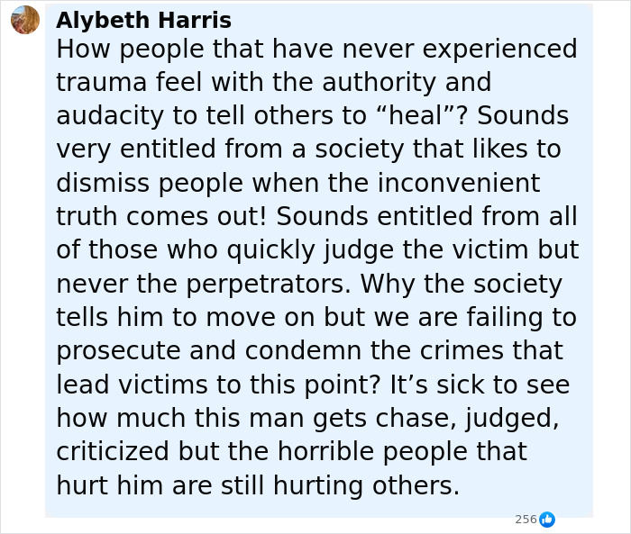 ALT text: Alybeth Harris sharing a thoughtful comment on trauma, judgment, and the challenges faced by victims in society. ALT text: Alybeth Harris sharing a thoughtful comment on trauma, judgment, and the challenges faced by victims in society.