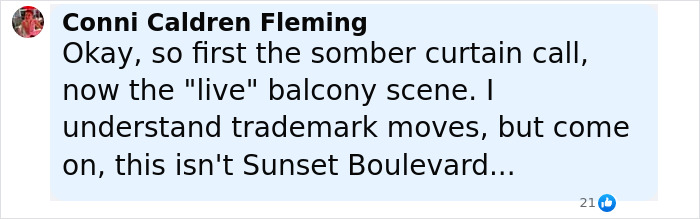 Social media comment from Conni Caldren Fleming reacting to Rachel Zegler sparks outrage over live show screen viewing. Social media comment from Conni Caldren Fleming reacting to Rachel Zegler sparks outrage over live show screen viewing.