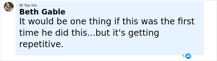 Facebook comment by Beth Gable expressing frustration over repetitive behavior in a fan discussion thread. Facebook comment by Beth Gable expressing frustration over repetitive behavior in a fan discussion thread.