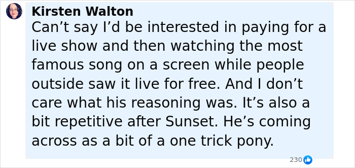 Screenshot of a fan comment expressing frustration over Rachel Zegler fans watching her on screens despite paying for a live show. Screenshot of a fan comment expressing frustration over Rachel Zegler fans watching her on screens despite paying for a live show.