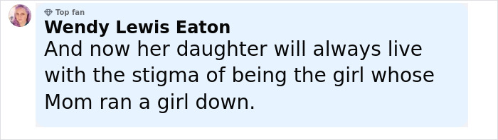 Comment by Wendy Lewis Eaton discussing the impact of a mom driving a pickup truck through a kids' park and injuring a child. Comment by Wendy Lewis Eaton discussing the impact of a mom driving a pickup truck through a kids' park and injuring a child.