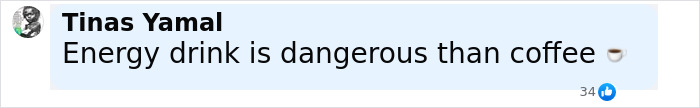 Comment on social media saying energy drink is more dangerous than coffee, highlighting caffeine risks. Comment on social media saying energy drink is more dangerous than coffee, highlighting caffeine risks.