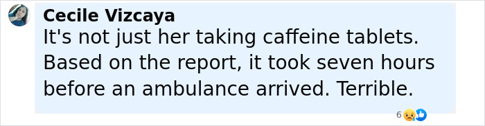 Comment about Australian woman passing away after consuming excessive caffeine, highlighting delayed ambulance arrival. Comment about Australian woman passing away after consuming excessive caffeine, highlighting delayed ambulance arrival.