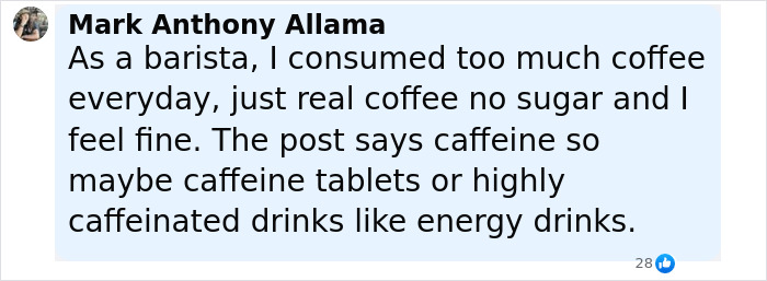 Comment from Mark Anthony Allama discussing excessive caffeine consumption from coffee, tablets, and energy drinks by a barista. Comment from Mark Anthony Allama discussing excessive caffeine consumption from coffee, tablets, and energy drinks by a barista.