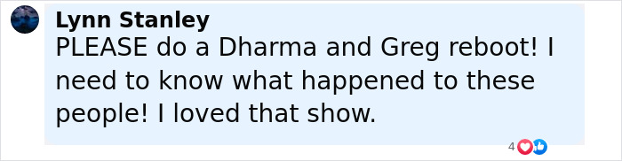 Fan comment expressing desire for a Dharma and Greg reboot and curiosity about the cast's current lives. Fan comment expressing desire for a Dharma and Greg reboot and curiosity about the cast's current lives.
