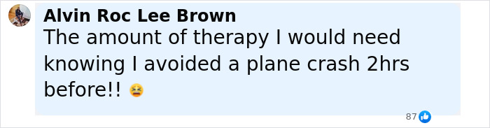 Comment from Alvin Roc Lee Brown expressing distress after narrowly avoiding an Air India Boeing jet crash hours earlier. Comment from Alvin Roc Lee Brown expressing distress after narrowly avoiding an Air India Boeing jet crash hours earlier.