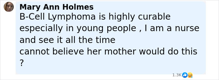 Comment by Mary Ann Holmes discussing B-Cell Lymphoma and criticizing anti-vax mom of Cambridge graduate who died of cancer.