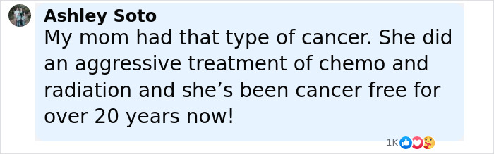 Comment from Ashley Soto discussing aggressive cancer treatment and being cancer free for over 20 years, related to anti-vax mom case.